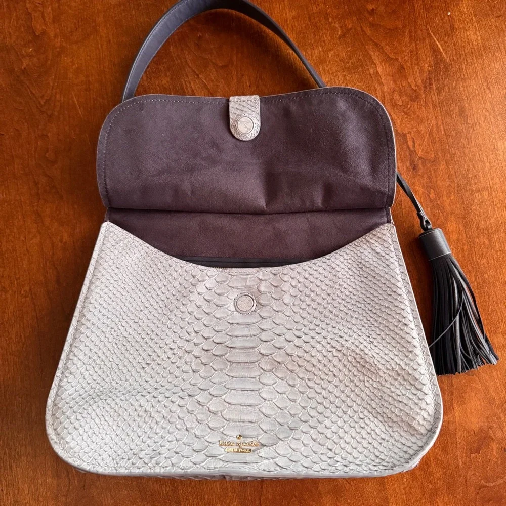 Kate Spade New York Gray Snakeskin Embossed Leather Flap‎ Hobo Shoulder Bag
